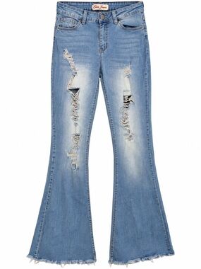 Elite Jeans Juniors Size 7 Light Wash Distressed Ripped Flare Jeans